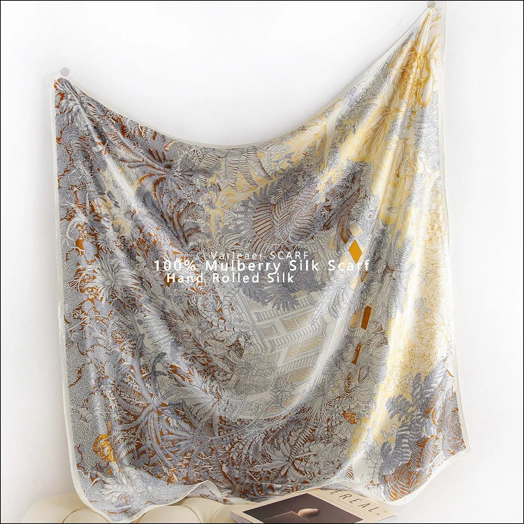 Luxury 110CM Silk Scarf for Women – Tropical Faubourg Print Head & Neck Shawl