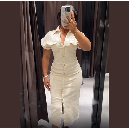 Women's White Denim Shirt Dress – Short Sleeve, Slim Fit, Maxi Length