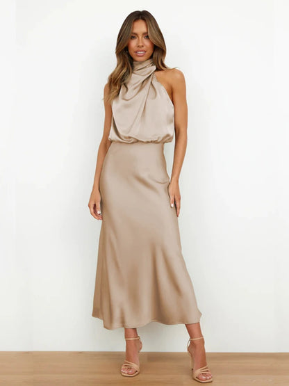 Luxury Satin Party Dress – Sleeveless Long Gown for Women’s Evening Events