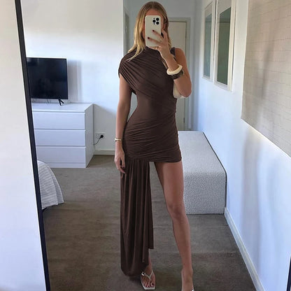 High Waist Ruched Mini Dress – Turtleneck Sleeveless Party Look