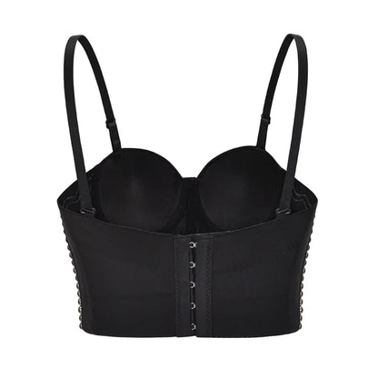 Women’s Luxury Bustier Crop Top – Rhinestone Beaded Push Up Bralette for Club & Rave