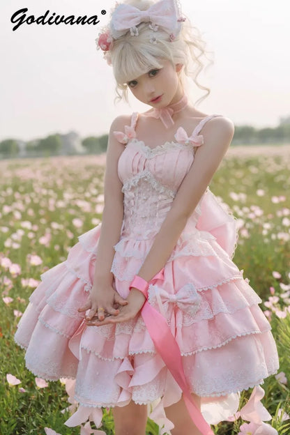 Sweet Lolita Suspender Dress – Short Flower JSK for Weddings & Special Occasions