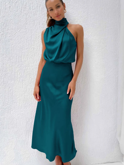 Luxury Satin Party Dress – Sleeveless Long Gown for Women’s Evening Events