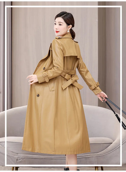 Trendy Sheepskin Leather Coat – Long Over-Knee Autumn Winter Fashion for Women