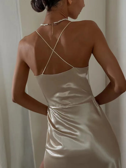 High Split Satin Dress – Sexy Camisole Formal Gown for Weddings & Events
