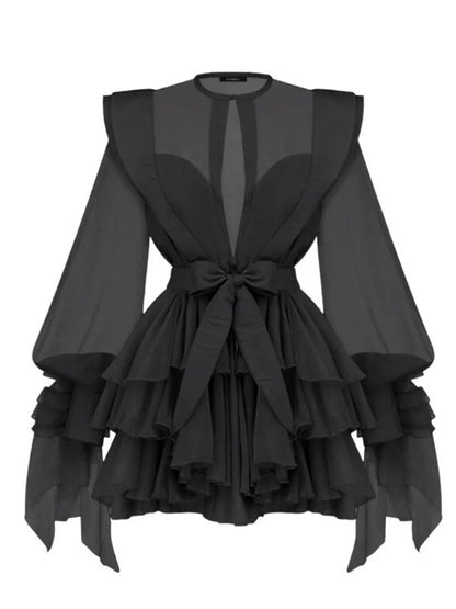 High Waist Solid Spliced Dress with Lace-Up Detail