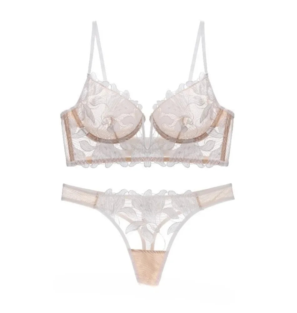 French Style Embroidered Lingerie Set – Deep V Plunge Bra & Sheer Thong for Women