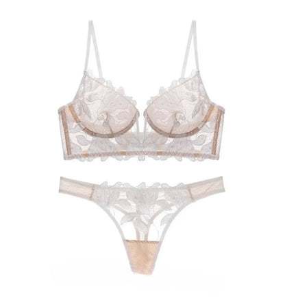 French Style Embroidered Lingerie Set – Deep V Plunge Bra & Sheer Thong for Women