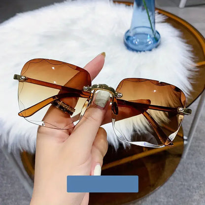 Luxury Square Rimless Sunglasses – Unisex Designer UV400 Red-Tinted Shades for Summer Style