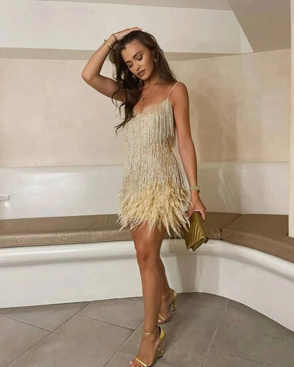 Feather Trim Sparkle Mini Dress – Club & Prom Edition