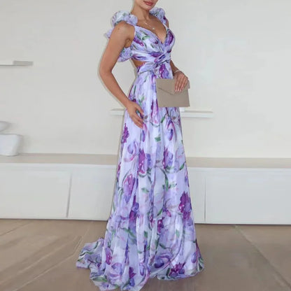 Floral Chiffon Ruffle Swing Dress – Sexy V-Neck Hollow Backless Summer Dress for Women