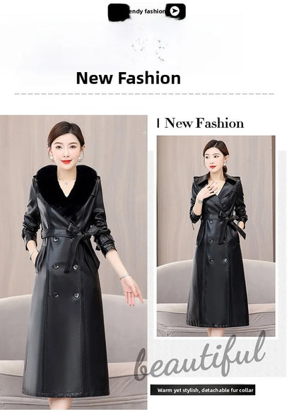 Trendy Sheepskin Leather Coat – Long Over-Knee Autumn Winter Fashion for Women