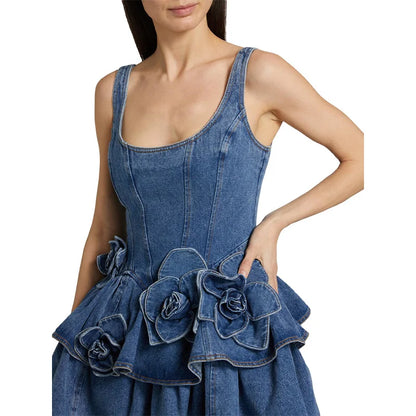 Y2K Party-Ready Floral Denim Dress – Mini Halter High Street Look