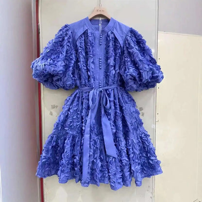 Blooming Grace – 3D Floral Bubble Sleeve Evening Dress