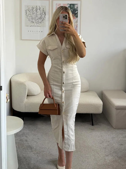 Women's White Denim Shirt Dress – Short Sleeve, Slim Fit, Maxi Length