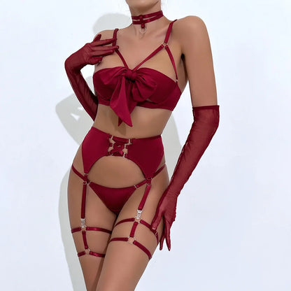 Seductive Black Lingerie Set – Erotic Bra, Belt & Hollowed Out 4-Piece Underwear