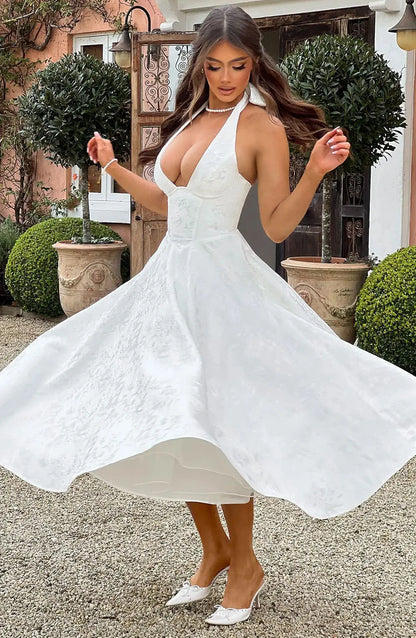 Elegant Bodycon Party Dress – White Jacquard Backless Maxi Dress by NIDANSSI