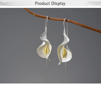 Elegant Calla Lily Earrings – Long Hanging 18K Gold & Silver Floral Jewelry