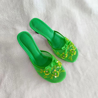 Sexy Thin Heel Flower Mesh Sandals – Summer Statement Slides for Women