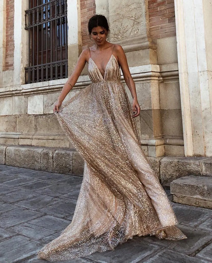 Shimmering V-Neck Sequin Maxi Dress – Elegant Suspender Party Dress