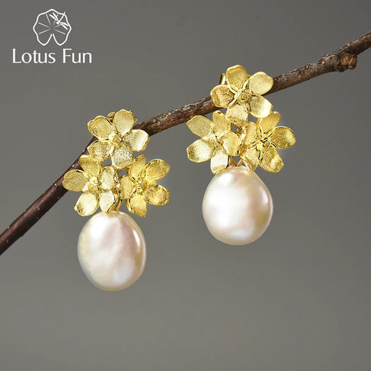 Lotus Fun Forget-Me-Not Flower Pearl Earrings – 925 Sterling Silver Elegance