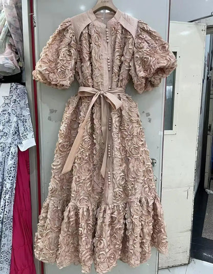 Blooming Grace – 3D Floral Bubble Sleeve Evening Dress