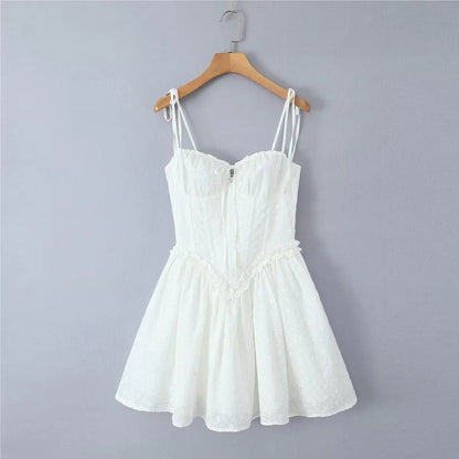 Women's 2025 Sexy Lace Up Mini Dress – White Embroidered Bodycon with Fish Bone Support