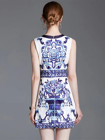 Runway-Inspired Blue & White Floral Sleeveless Holiday Mini Dress