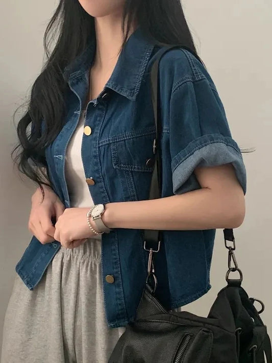 Spring Short Sleeve Button-Up Denim Jacket – Korean Vintage Casual