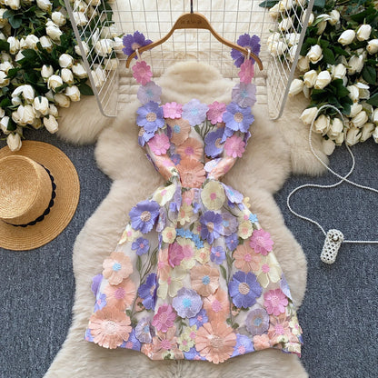 Zipper Back 3D Flower Embroidered Short Dress – Chic Sleeveless Look