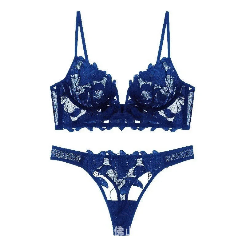 French Style Embroidered Lingerie Set – Deep V Plunge Bra & Sheer Thong for Women