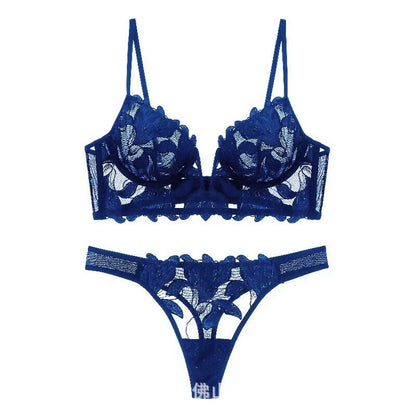 French Style Embroidered Lingerie Set – Deep V Plunge Bra & Sheer Thong for Women