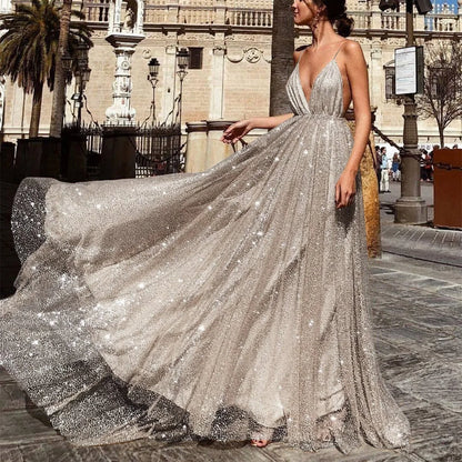 Shimmering V-Neck Sequin Maxi Dress – Elegant Suspender Party Dress