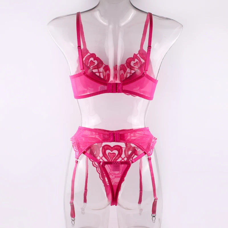 Women Sexy Black Embriodery Lingerie 3pcs Sets Hot Heart Pattern Fancy Bra And Panties With Garter Set Erotic Underwear Suits