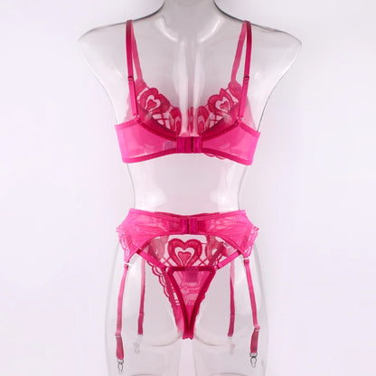Women Sexy Black Embriodery Lingerie 3pcs Sets Hot Heart Pattern Fancy Bra And Panties With Garter Set Erotic Underwear Suits