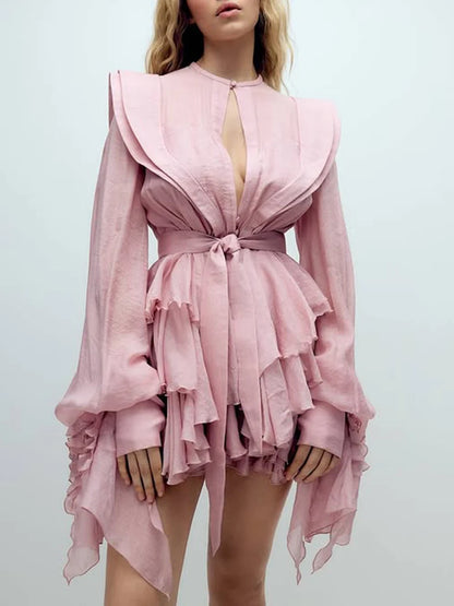 High Waist Solid Spliced Dress with Lace-Up Detail