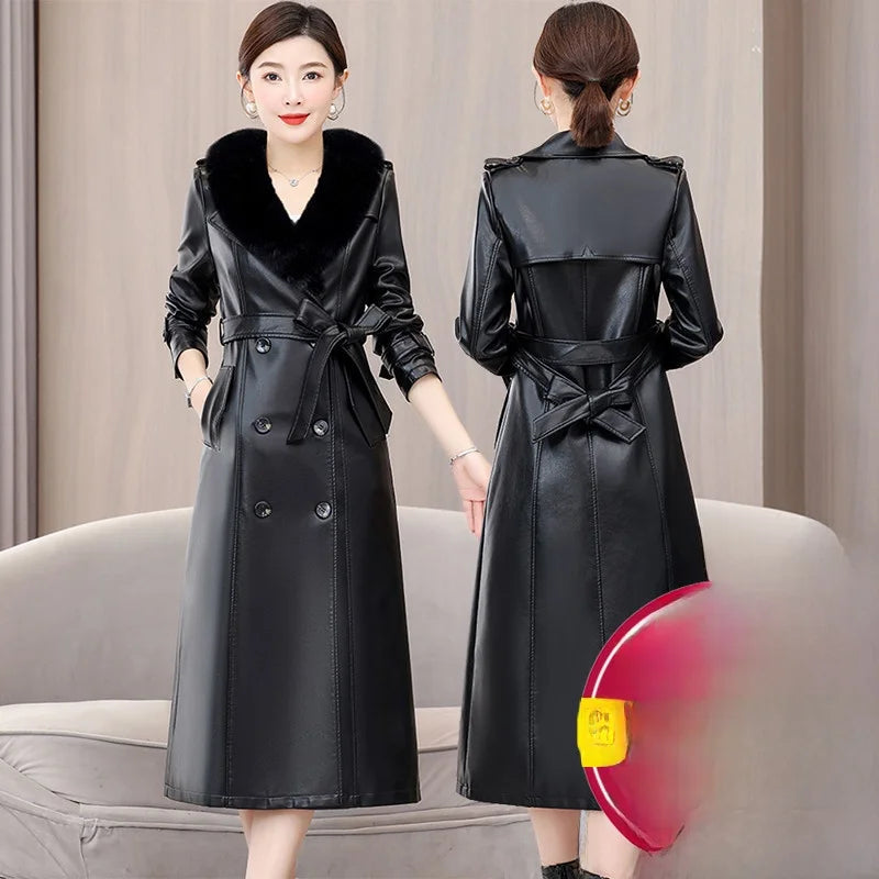 Trendy Sheepskin Leather Coat – Long Over-Knee Autumn Winter Fashion for Women