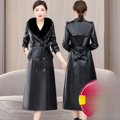 Trendy Sheepskin Leather Coat – Long Over-Knee Autumn Winter Fashion for Women