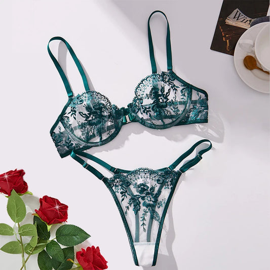 Ultra-Sexy Transparent Lace Lingerie for Women – 2PC Embroidered Set