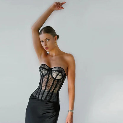 Sexy Mesh Strapless Bustier – Steel Boned Lace Corset Top in Black, White & Beige