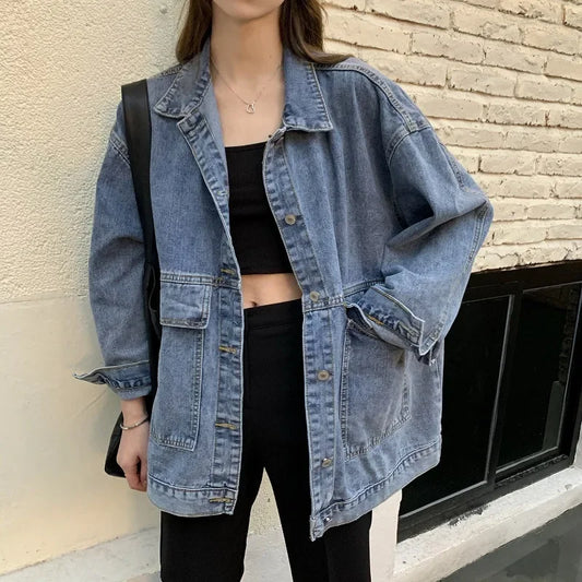 Versatile BF Fit Denim Jacket – Harajuku Casual Streetwear for Women