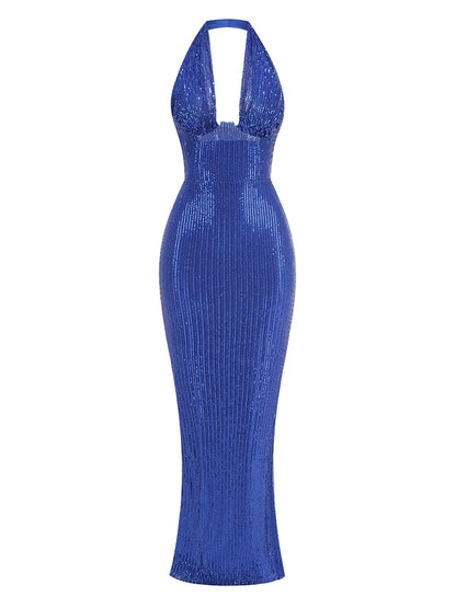 Glamour Green Sequin Halter Maxi Dress – Deep V Celebrity Gown