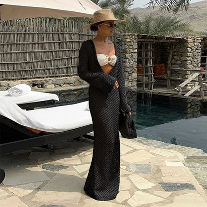 Summer 2024 Bell Sleeve Knit Beach Cover-Up Maxi Dress