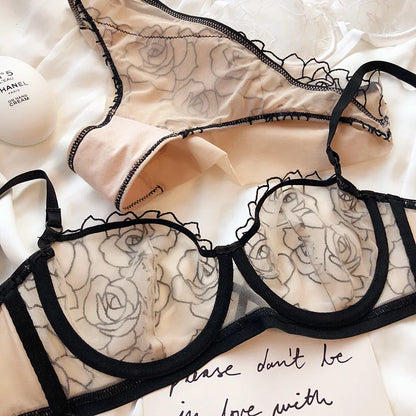 Rose Embroidery Plus Size Lingerie – Anti-Sagging Soft Steel Ring Bra Set for Women
