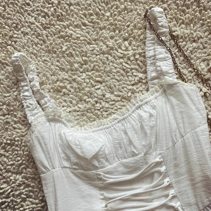 Boho-Inspired White Corset Midi Dress – Lace-Up Elegance for Summer Days