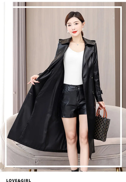 Trendy Sheepskin Leather Coat – Long Over-Knee Autumn Winter Fashion for Women