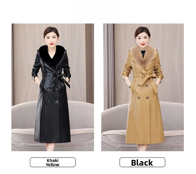 Trendy Sheepskin Leather Coat – Long Over-Knee Autumn Winter Fashion for Women