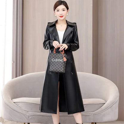 Trendy Sheepskin Leather Coat – Long Over-Knee Autumn Winter Fashion for Women
