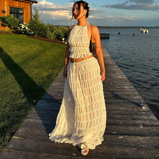 Women's Sexy Folded Vest & Long Skirt Set – Breezy & Beautiful for Summer