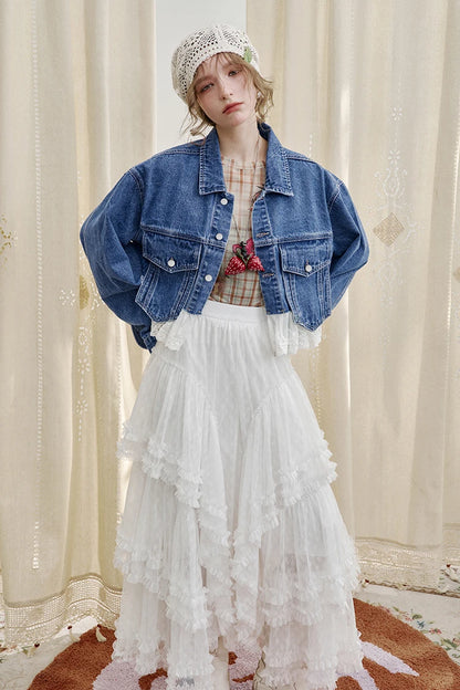 Women’s Vintage Y2K Lace Stitch Short Denim Jacket – ELFSACK Spring Edit